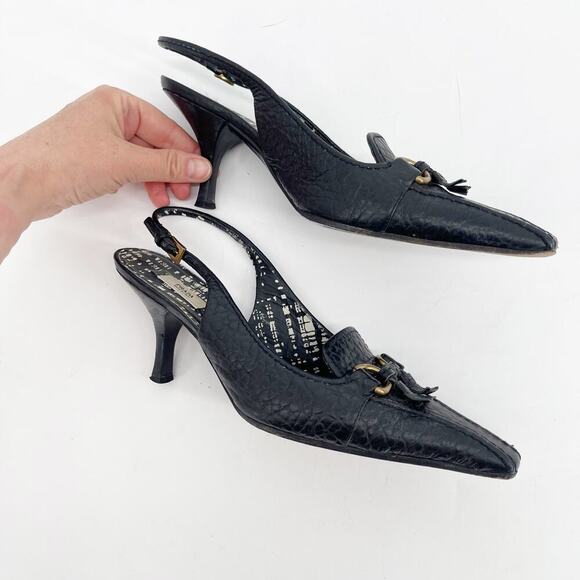 Retro Prada Black Pebbled Leather Fringe Detail Square Toe Slingback Heel IT 37 - Picture 3 of 12